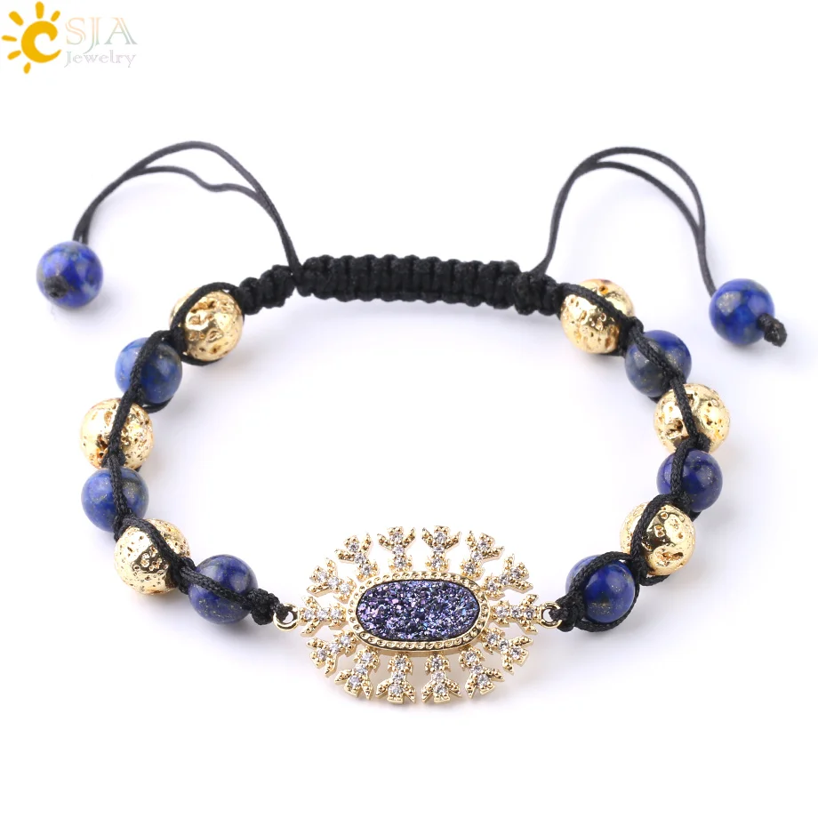 

CSJA wholesale gold plated flower zircon druzy bead charm gemstone braided rope bracelet for women jewelry F806