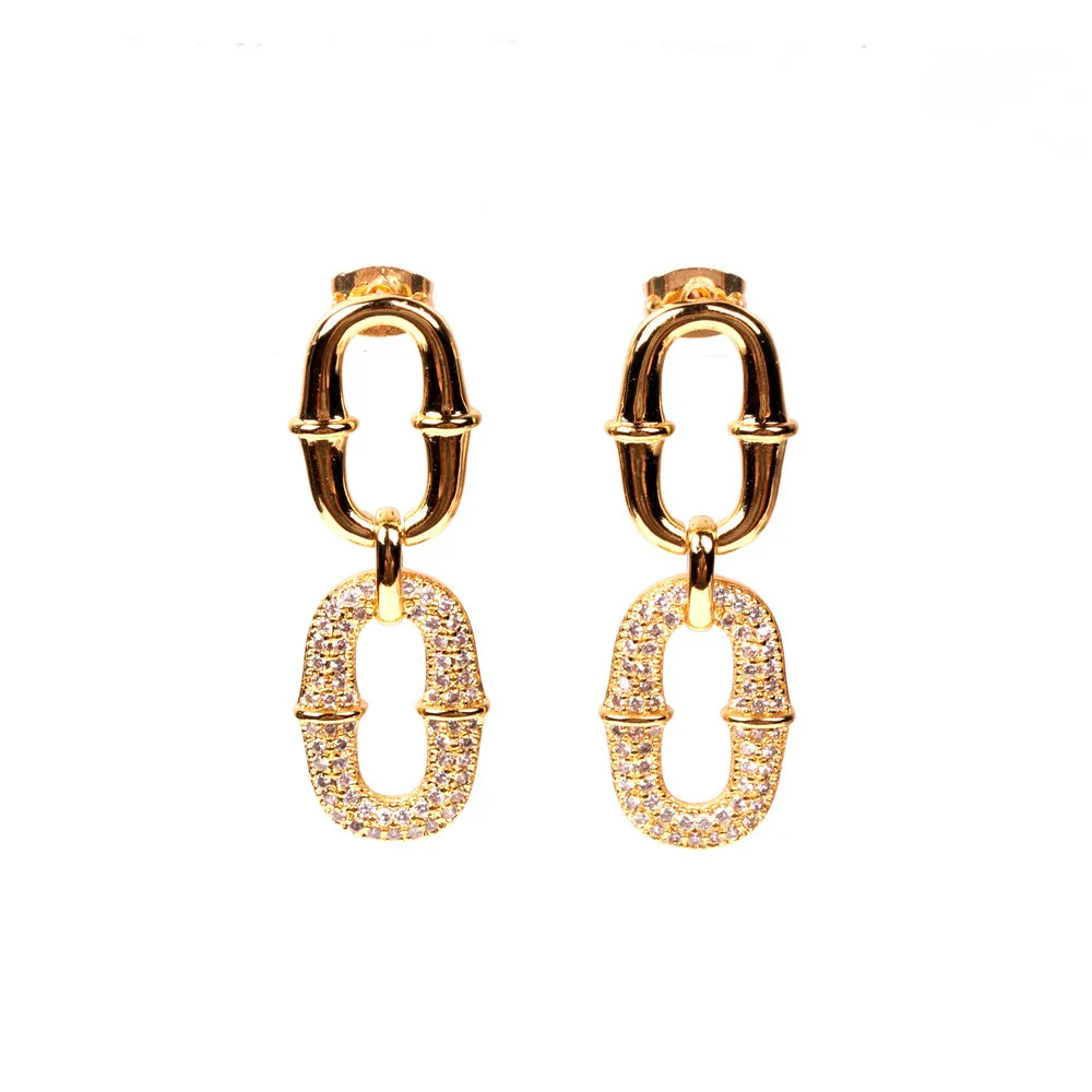 

Statement Real 24K Gold Plated Shiny CZ Zircon Micro Pave Geometric Drop Earrings Crystal Oval Pendant Earring For Party
