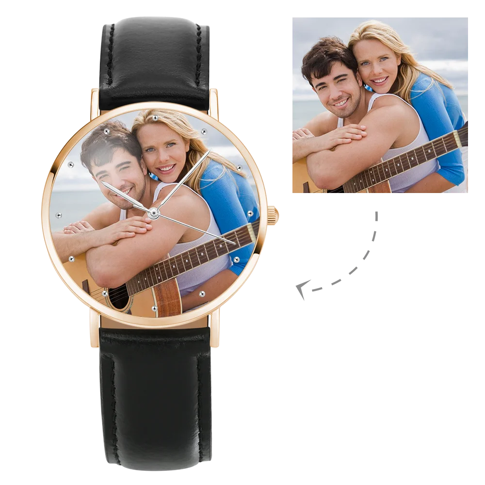 

40mm Unisex Engraved Rose Goldtone Quartz Watches Custom Logo Luxury Brown Leather Strap Photo Couple Watch