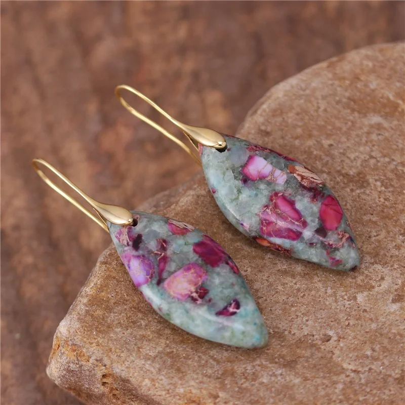 

YueTong Modern Gemstone Geometric Jasper Dangle Gold Hook Earring for Women Fashion Boho Stone Drop Earrings Wholesale Jewelry