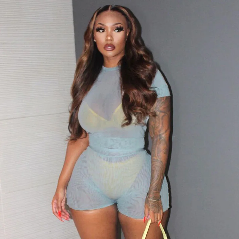 

2022 Summer Fashion Short Sleeve Top And Biker Shorts Set Women Clothing Solid Crop Top Two Piece Shorts Set