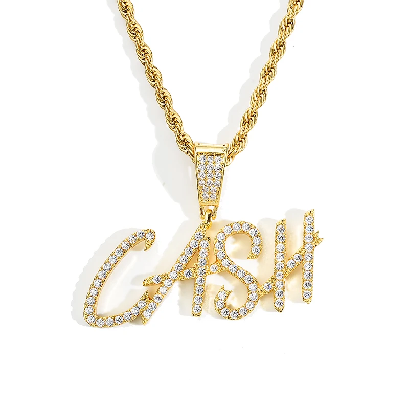 

2022 New Gold Hip Hop Custom Cursive CZ Letter Name Pendant with Necklace Bling Bing Women Men Rapper Jewelry