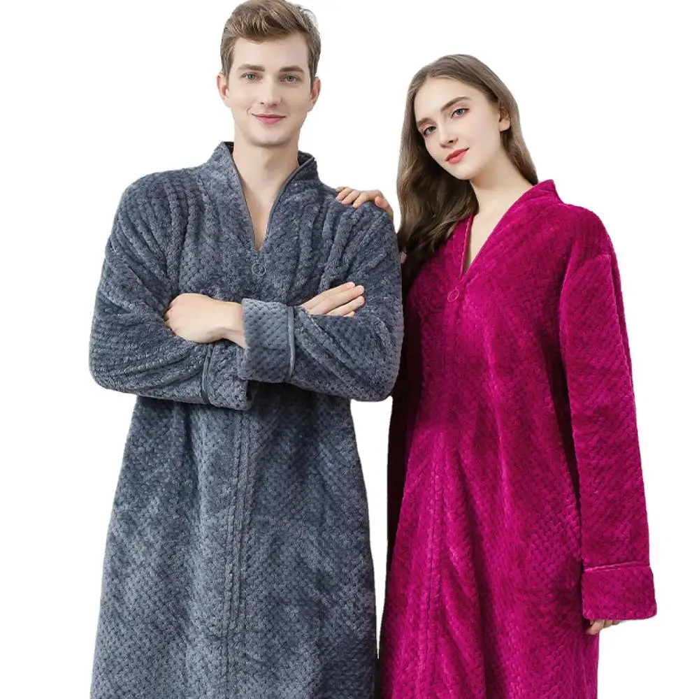 

Autumn And Winter Men's Coral Plush Long One-Piece Pajamas Thickened Couple Women's Robe Adult Bathrobes Coral Flannel Nightgown, Photo color