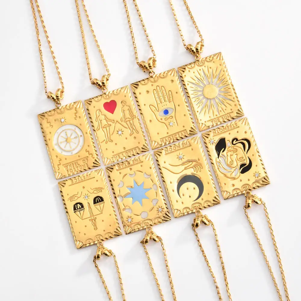 

Gold Plated Stainless Steel Tarot Enamel Pendant Statement Necklace For Women Gift