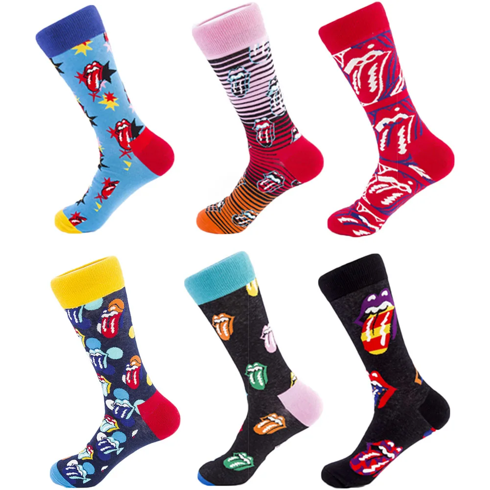 

Men Creative Big Tongue Ankle Socks Roll Stones Out Of Control Colorful Pattern Mid Calf Cotton Sock Fashion Crew Socks