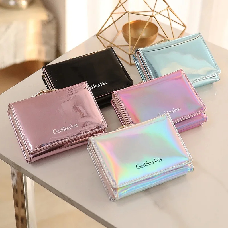 

Drop Shipping carteira feminina dompet billeter Girls Mini Short Wallet Cute leather Laser Coin Purse Small wallets for women, 5 colors