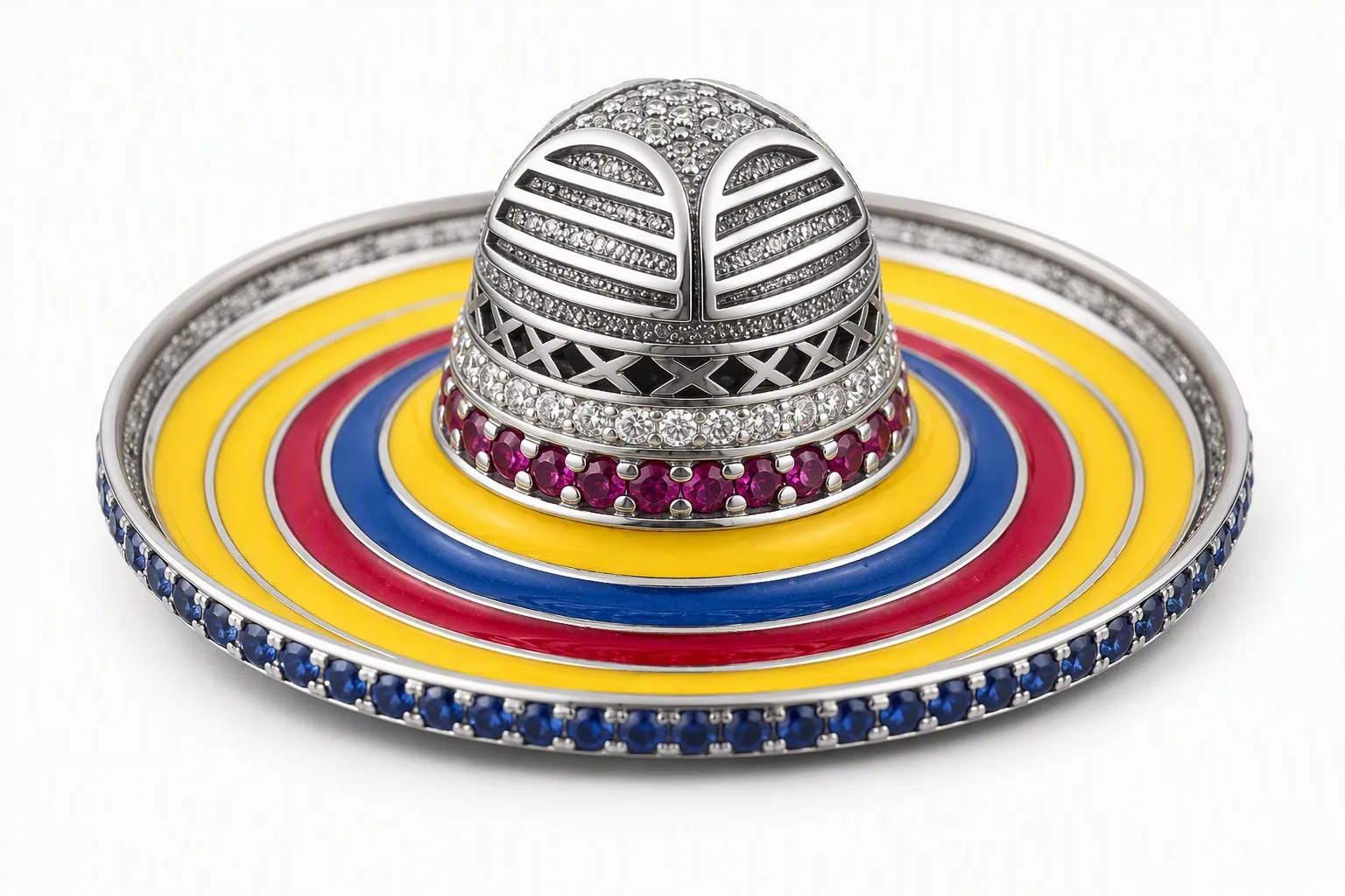 Colorful gemstone and enamel jewelry piece on a white background