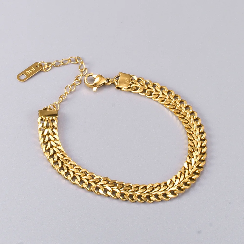 Retro Waterproof Stainless Steel Jewelry 18k Gold Plated Chunky Bracelet Punk Double Cuban Chain Bracelet YF3293