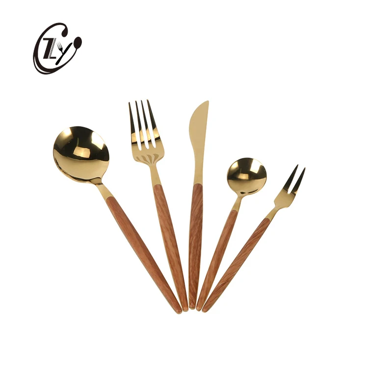 

Wood Grain Design Gold Plated Stainless Steel Cutlery Set With ABS Plastic Handle