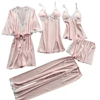 

Silk pajamas women Five-piece Satin Pajamas Set Soft Robe and Sleeping Dress Silk Lace Trim Sleepwear