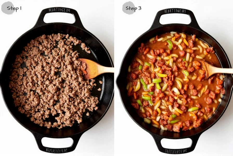 Step-by-step preparation of homemade chili macaroni in a cast iron pot showing ground beef browning with onions and peppers