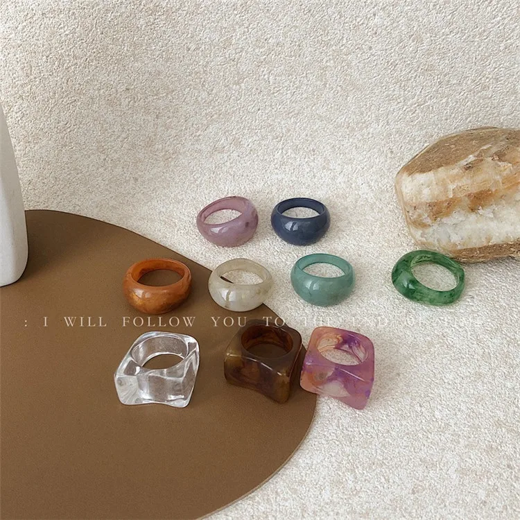 

New Korean Marble Colorful Geometric Irregular Transparent Chunky Acrylic Clear Resin Rings for Women