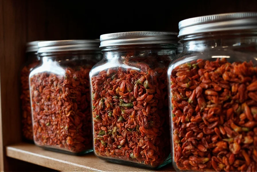 Glass jars containing different dried chili varieties stored in dark pantry