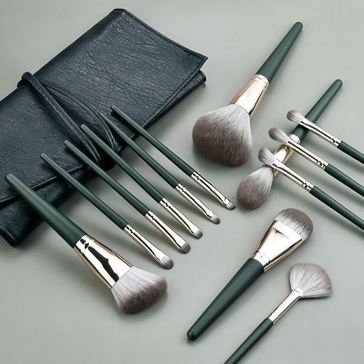 

Wholesale Professional Custom Logo Private Label Makeup Brush Sets With Bag 14pcs/set Green Synthetic Nylon Hair Makeup Brushes