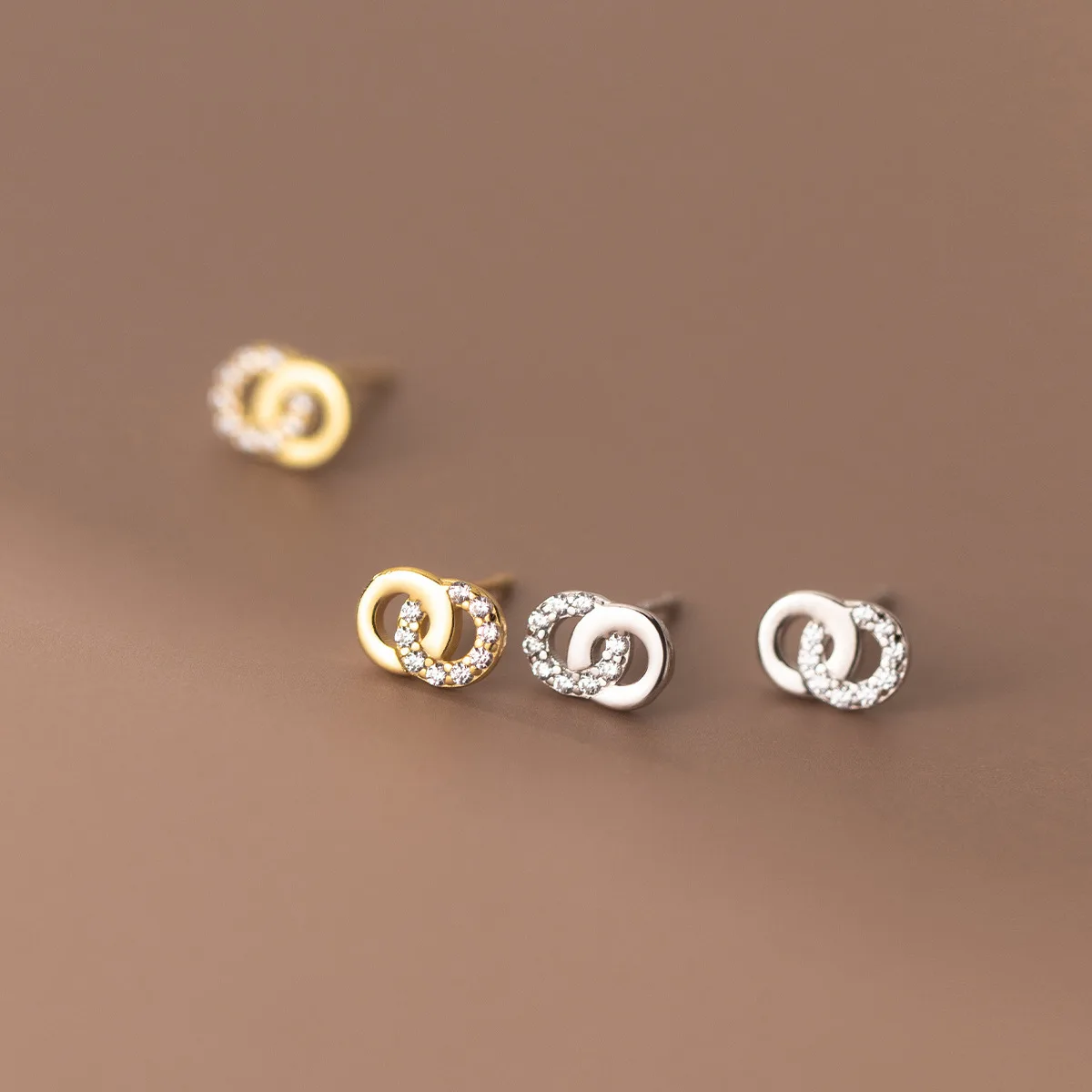 

fashion jewelry 925 sterling silver earrings geometric two round circles diamond zircon gold plated stud earrings women