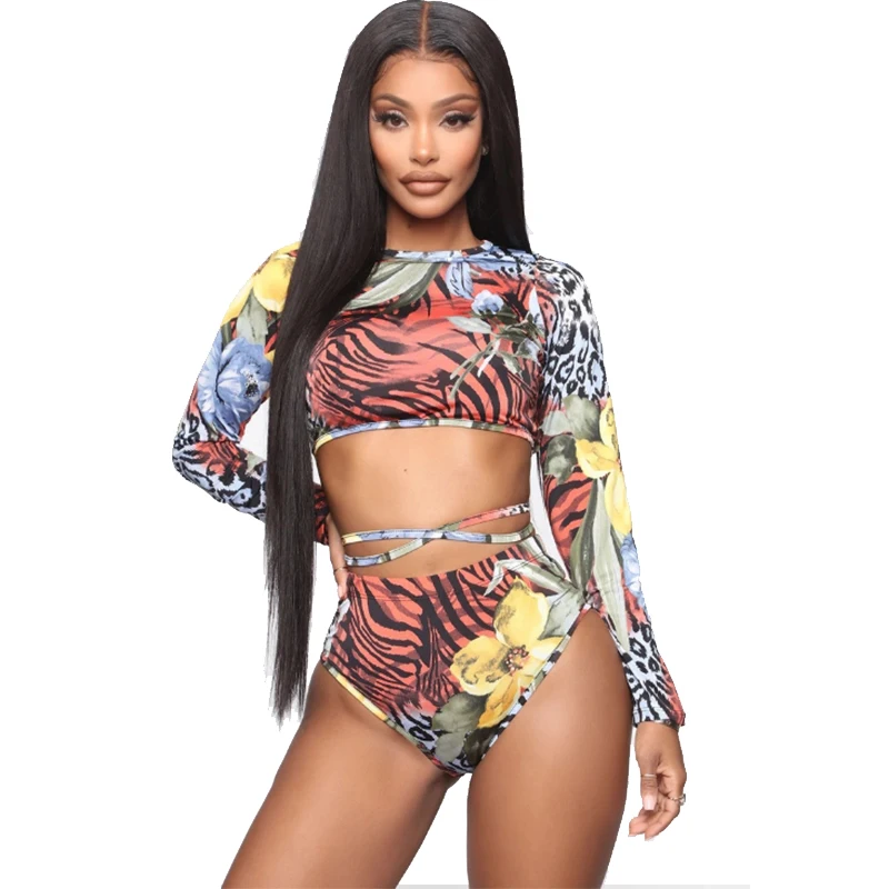 

High Quality Designer Design Long Sleeve One Piece Bodysuit Women Swim Suit Print Sexy Summer Hot Beach Bathing Suit