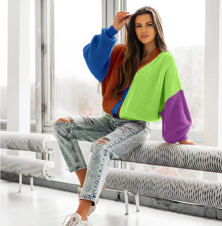 

2021 New Autumn Long Sleeve Loose Knitted Sweater Cardigan For Ladies Patchwork Casual Knitted Sweater Jacket