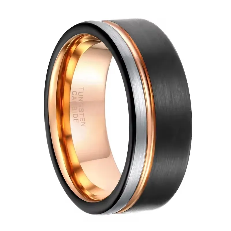 POYA 6mm 8mm Tungsten Wedding Band Black Rose Gold Plated Thin Groove Line Brushed Ring for Men Women for Engagement Gift