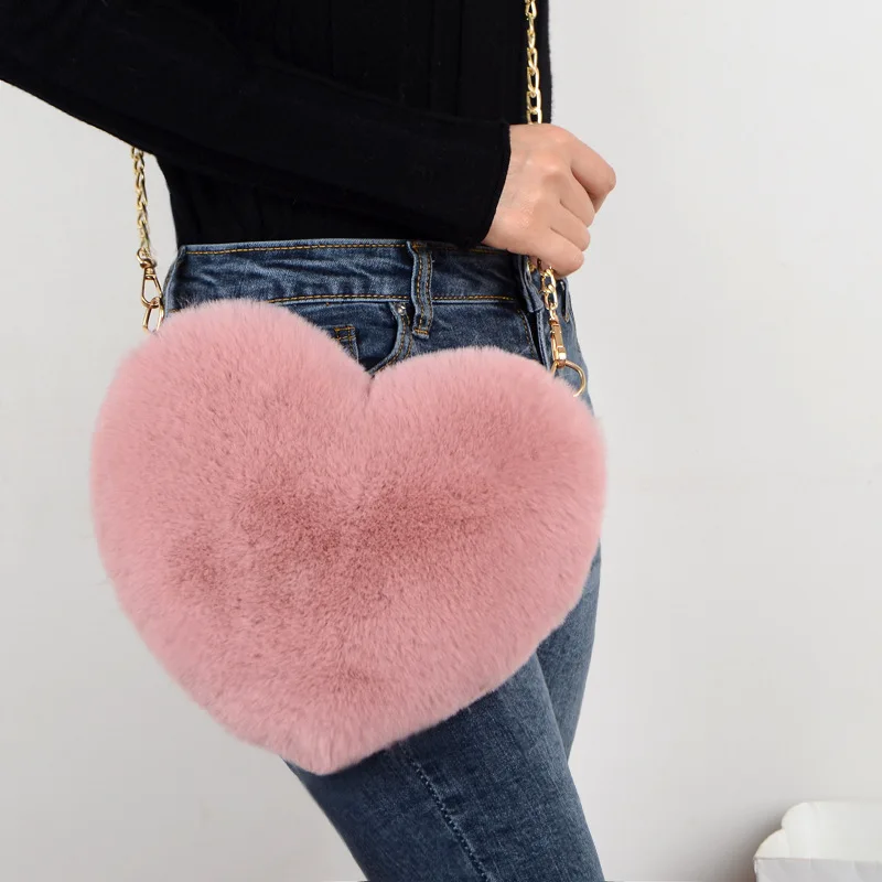 

Women Kids Winter Soft Fur Long Chain Bags Heart Shape Faux Furry Handbags Purse Accessories, 16 colors