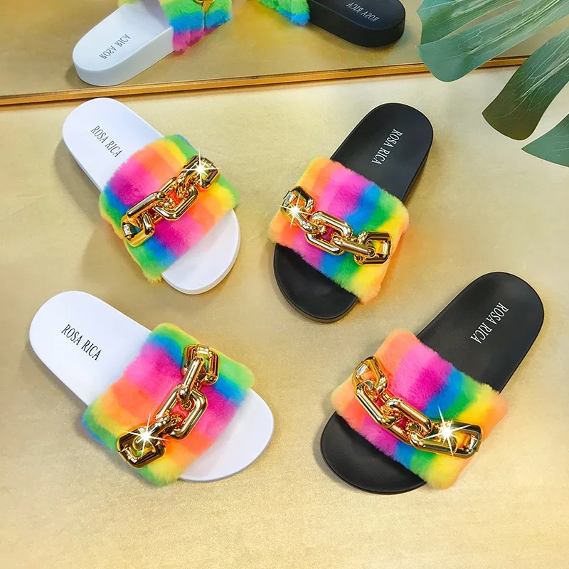 

wholesale fashion rainbow fur sandals slides slippers women chain fluffy slippers outdoor streetwear, 2 colors