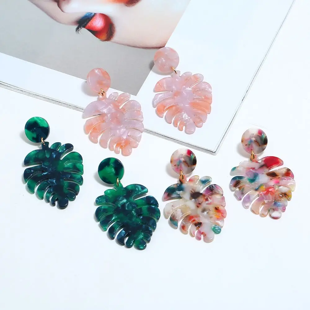 

2022 Vintage Style Acetic Acid Leaf Shape Drop Dangle Earrings Colorful Mottled Resin Acrylic Leaf Drop Earrings