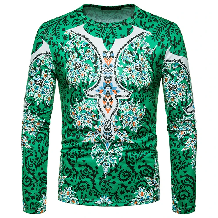 

New folk print casual long-sleeved cotton long sleeve t shirt 2021 fashion printed shirt men slim fit long sleeve t shirt men