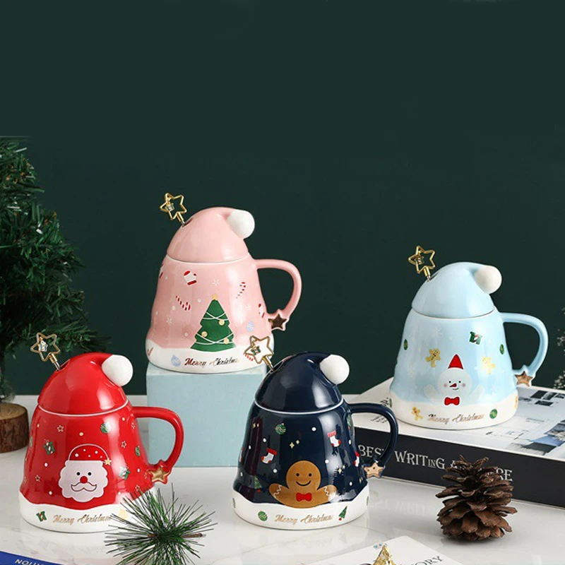 

Hot sale gift porcelain mug snowman shaped ceramic cup with lid and spoon, Red, pink, blue, sky blue