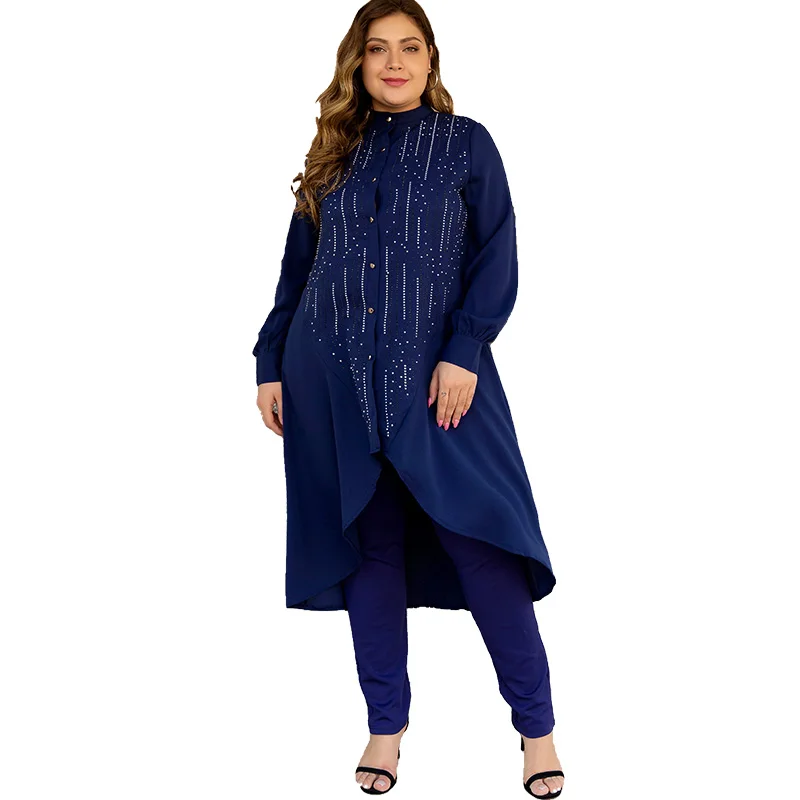 

2021 European and American women's cross border popular large diamond two piece long shirt knitted pants set