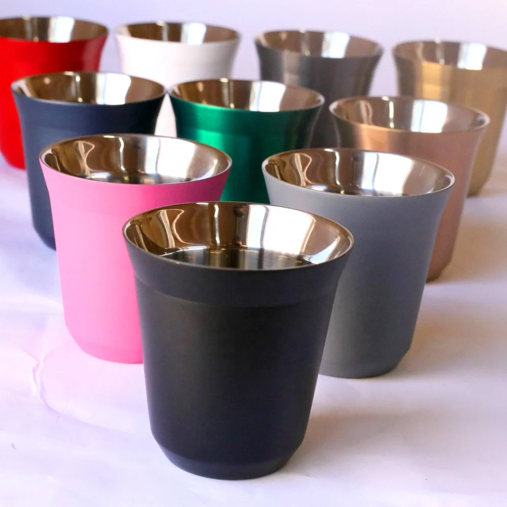 

Sample Available 80ml/150ml Pixie Nespresso Coffee Mugs metal 304 stainless steel double wall Espresso Cups, Customized colors acceptable