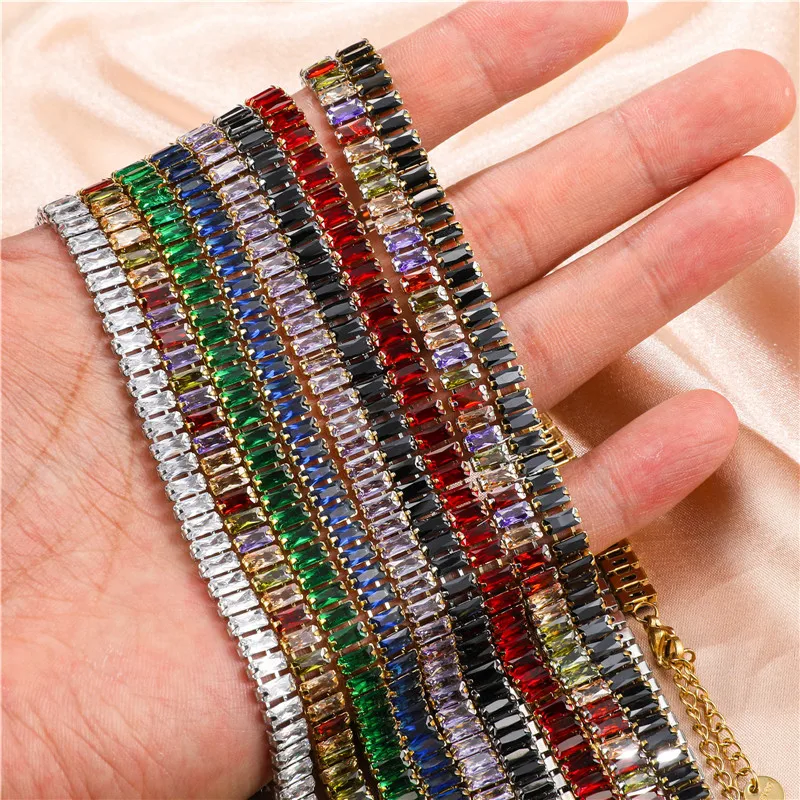 

2023 Fashion Green Red Blue Pink Yellow Rectangle Zircon Gemstone 6mm Stainless Steel Jewelry Necklace for Women