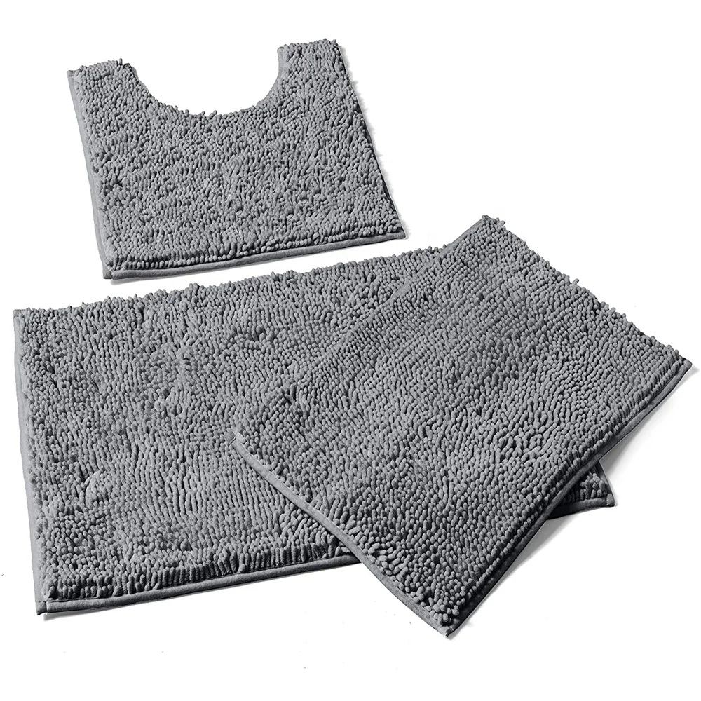 

3 Pcs Set Non Slip Shaggy Chenille Bath Rug for Bathroom Mat Microfiber Floor Mat Bathmat Set PVC /tpr/hotmelt Amazon Hot Sale, Light grey,customized