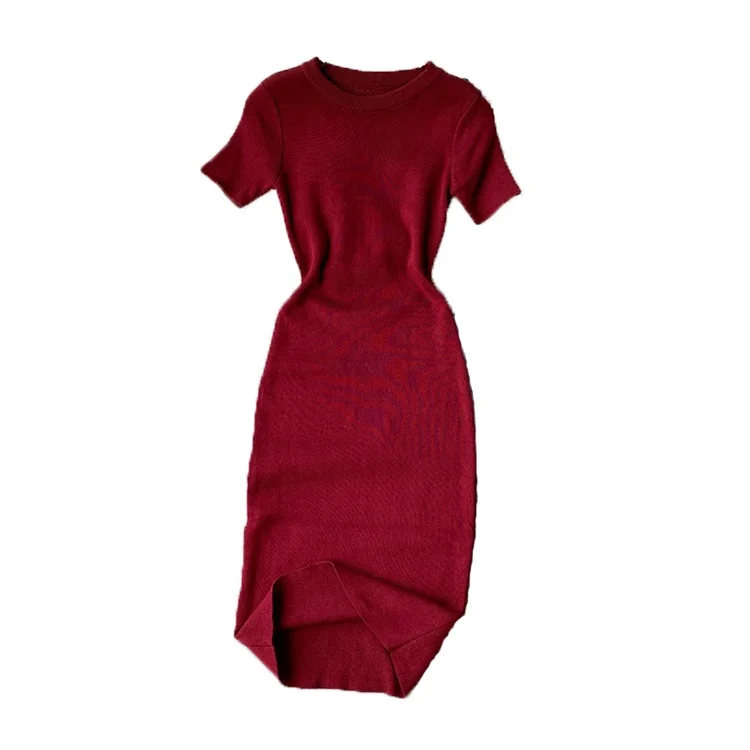

Short sleeve solid color round neck European and American elastic knitted tight bottomed skirt Hip Wrap one-step dress, Picture color