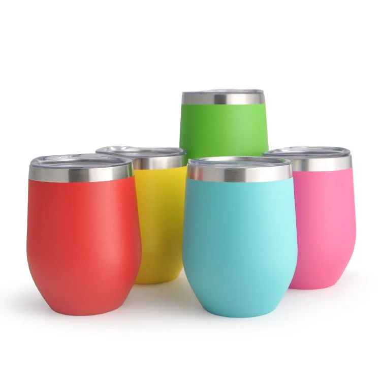 

12oz Egg Shaped Tumbler Cup Durable Powder Coated Insulated Double Wall Vacuum Cup Stainless Steel Wine Tumbler with Lid