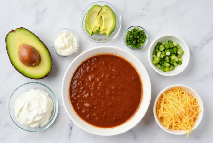 Various chili toppings including avocado, sour cream, cheese, and green onions arranged around a bowl of chili