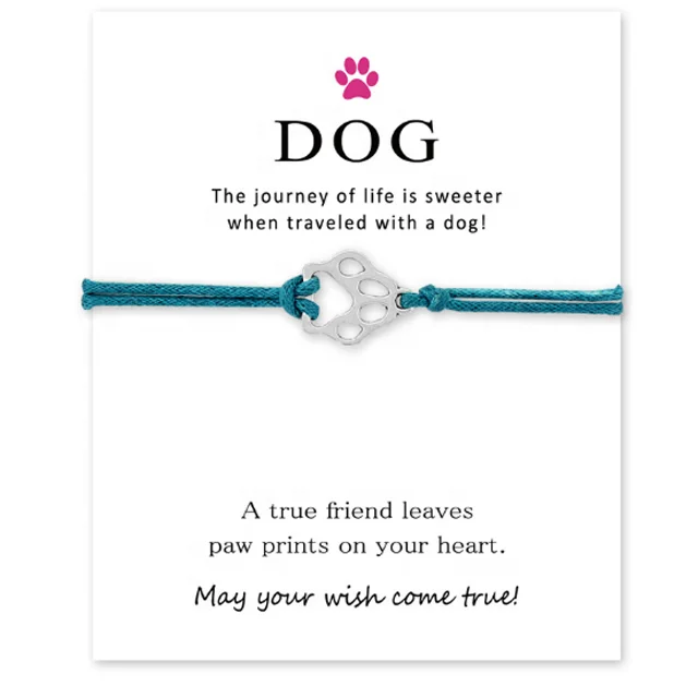 Wish Card Bracelet Love Dog Paw Zinc Alloy Charm Adjustable Cord Bracelet