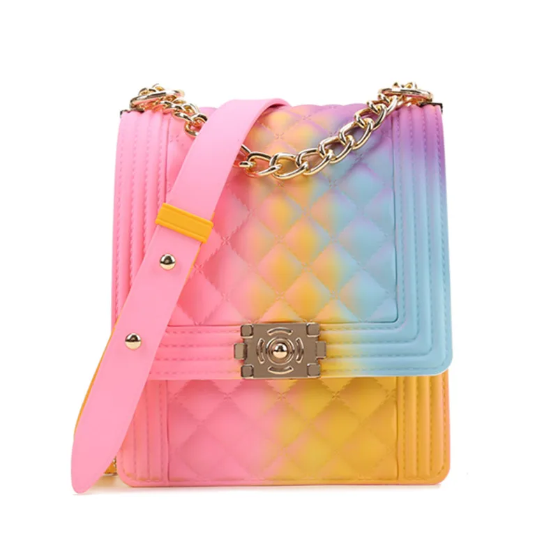 

Custom color rainbow purse handbag jelly pvc purple for female chain shoulder bag