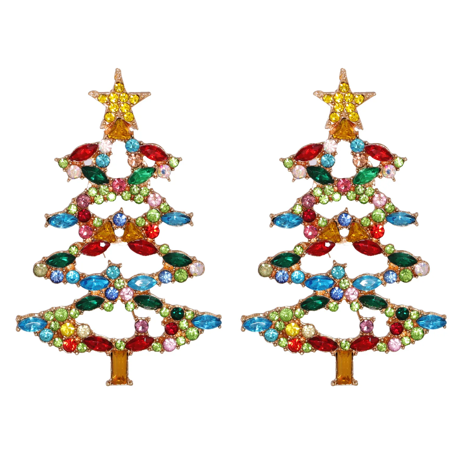 

18k Gold Plated Colored Crystal Big Christmas Tree Earrings Full Rhinestone Christmas Tree Stud Earrings for party