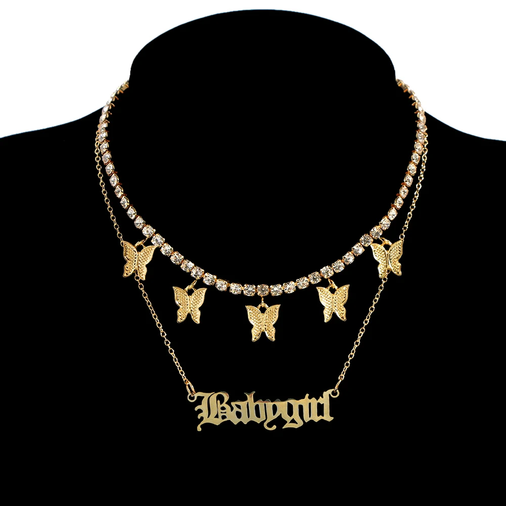 

Personalized Gold Jewelry Multi Layer Crystal Chains Fashion Butterfly Pendant Necklaces