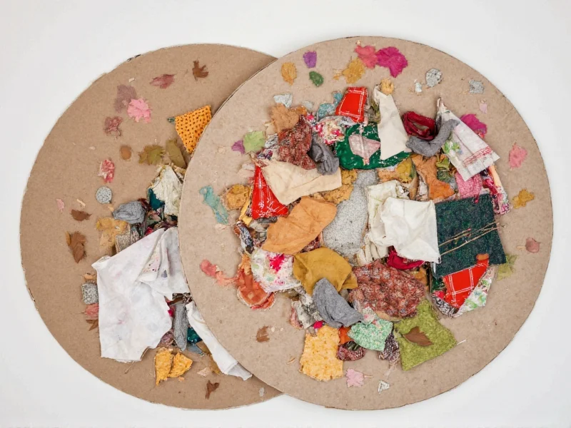 Recycled cardboard and fabric scraps arranged for shield crafting