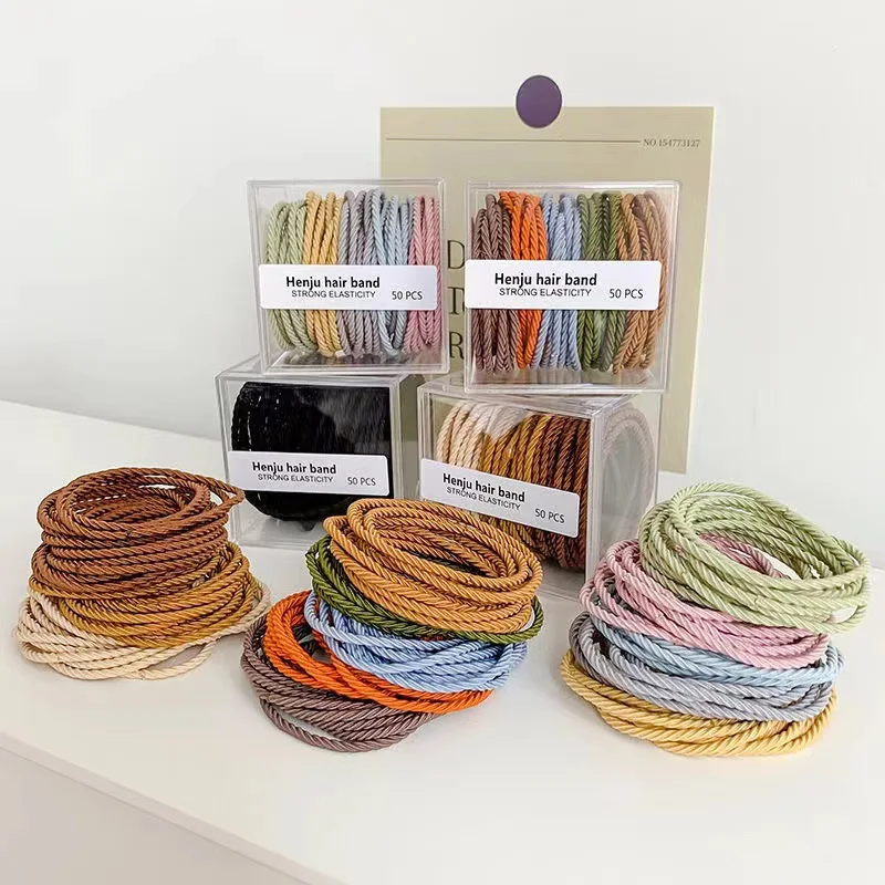 

50PCS / Box Ponytail Holder Rubber Bands Simple Design Strong Elastic Hair Ties Rope Solid Color Scrunchies For Women Girls