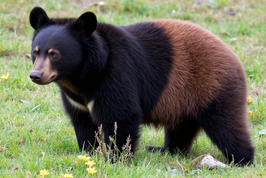 Cinnamon bear foraging for food in a mountain meadow during early morning hours