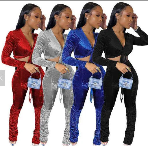 

Wholesale Hot Solid Color Velvet Crop Top Pleated Pants Woman Clothing Two Piece Set Two Piece Pants Set
