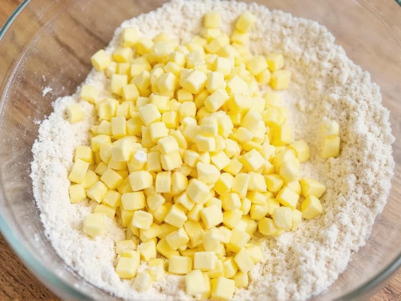 Grated frozen butter mixed into flour for biscuit dough