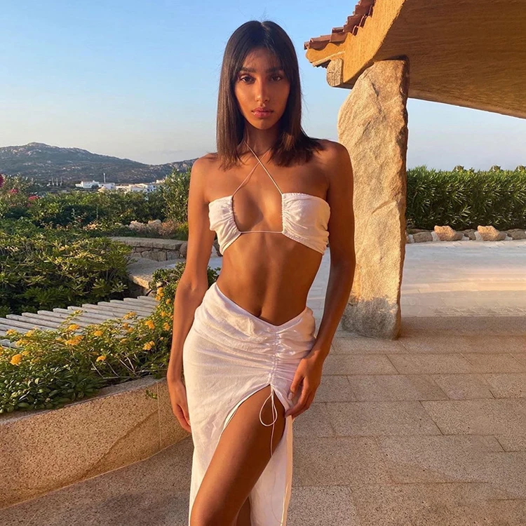 

Spring Summer 2021 Casual Lace Up Halter Slim White Midi Skirt Set Ruched Drawstring Slit Sexy Two Piece Skirt Set, Green