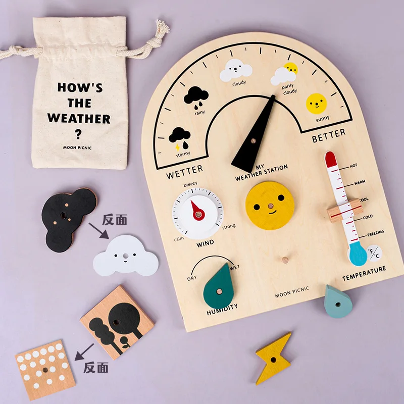 

Children's wooden weather station toys learning observation weather knowledge scientific exploration tool cognitive busy board
