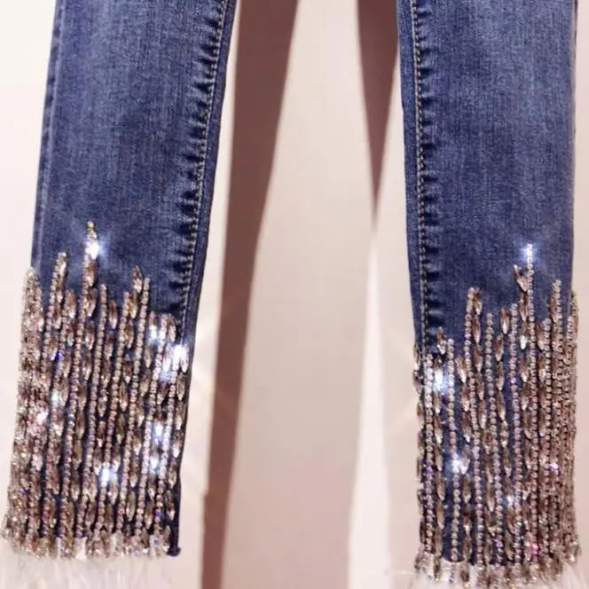 

2019 Trendy Beading Rhinestone cotton stretch Jean pants Women slim fit bling bling diamonds fur decoration jeans mujer, Picture