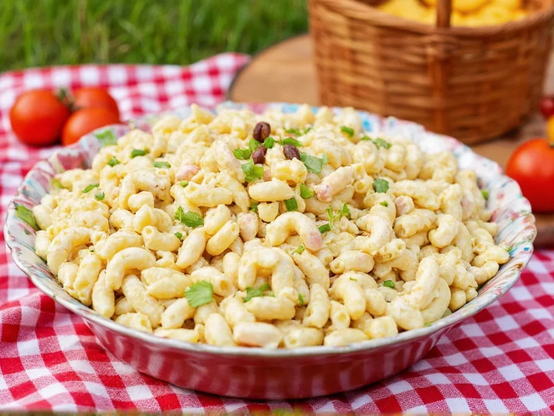 Homemade macaroni salad picnic setup with checkered blanket