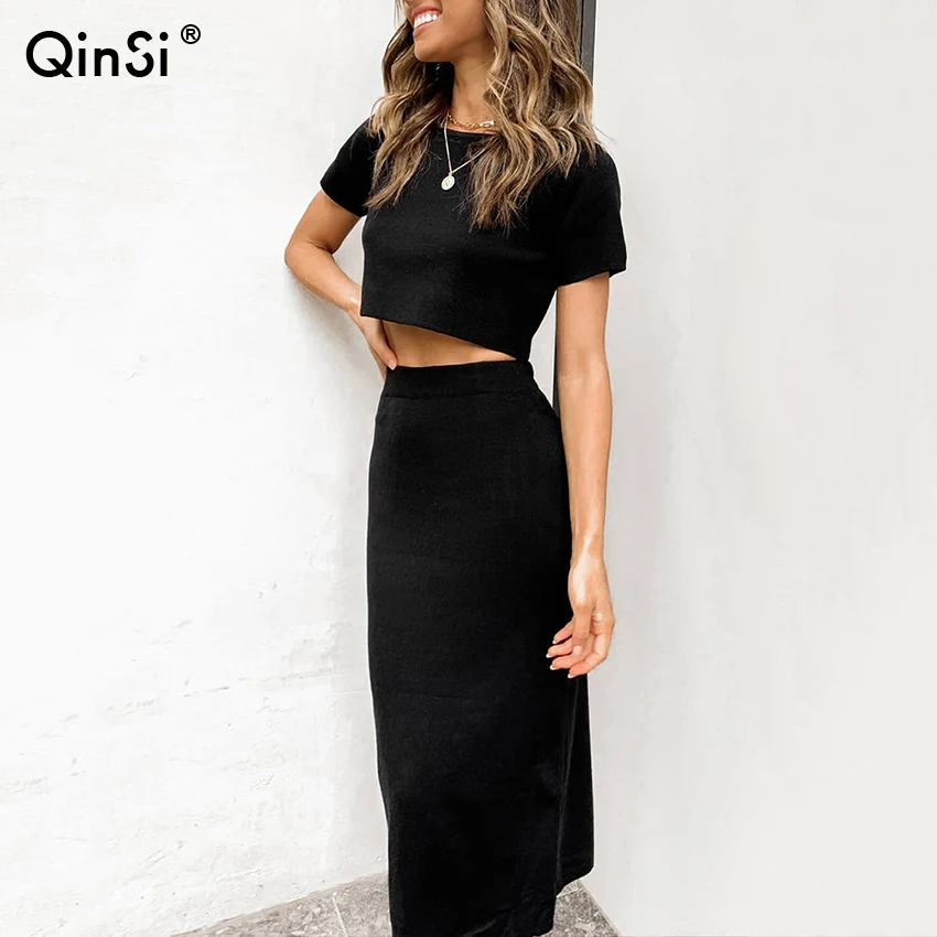 

QINSI Women Tops Sexy Dress Polyester Fabric 2 Piece Set Women Casual Dresses Women Lady Elegant Girls' Dresses