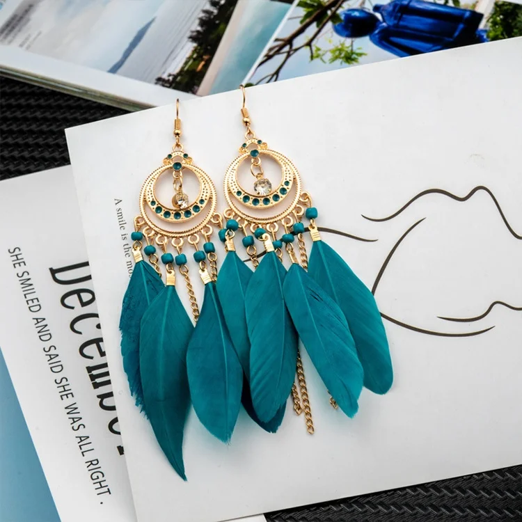 

Wholesale Fashion Bohemian Feather Earrings Long Vintage Scallop Tassel Earrings Jewelry, White, color, black, red, hole blue, rose red, light blue