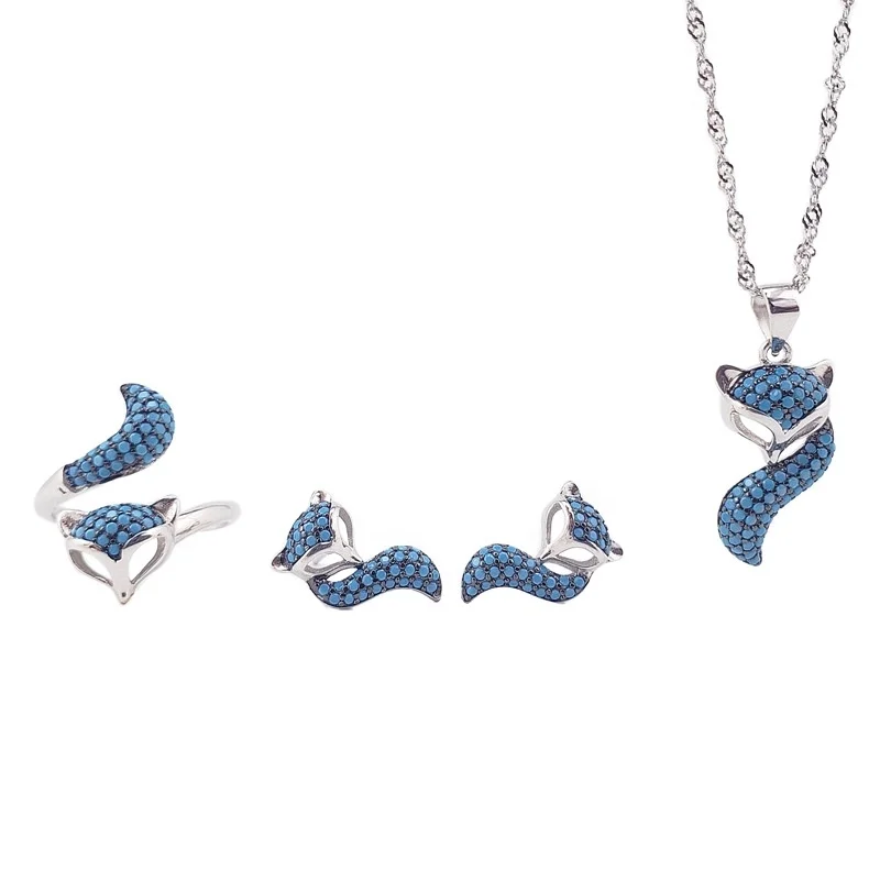 

fashion new design turquoise gems fox shape Turkey style 925 silver jewelry set with ring earrings necklace